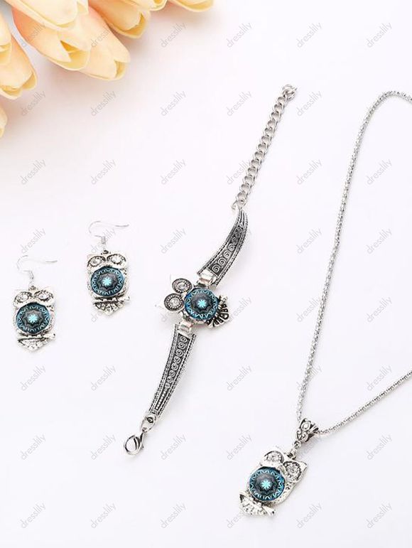 Ensemble de Trois Colliers Boucles d'Oreilles et Bracelets Hibou Vintage - Argent 