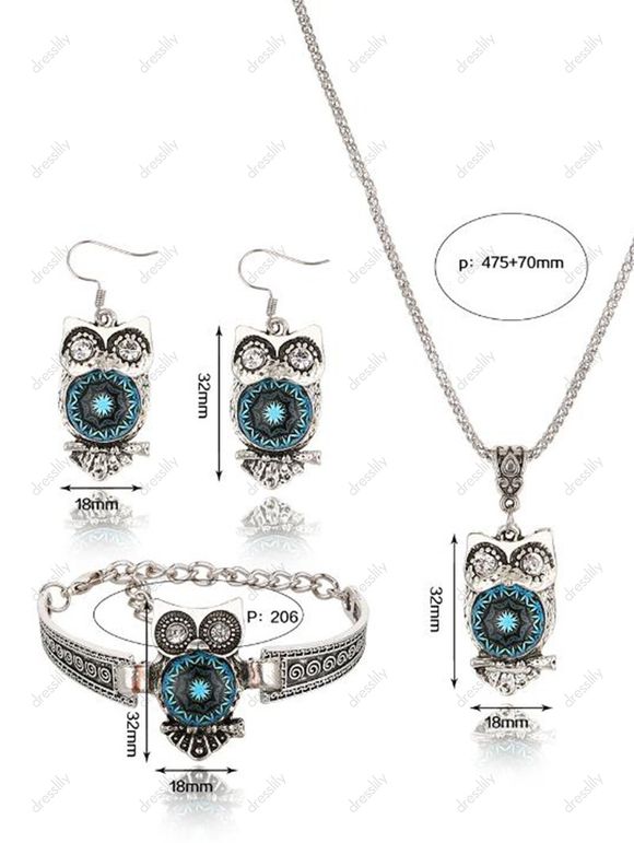 Ensemble de Trois Colliers Boucles d'Oreilles et Bracelets Hibou Vintage - Argent 