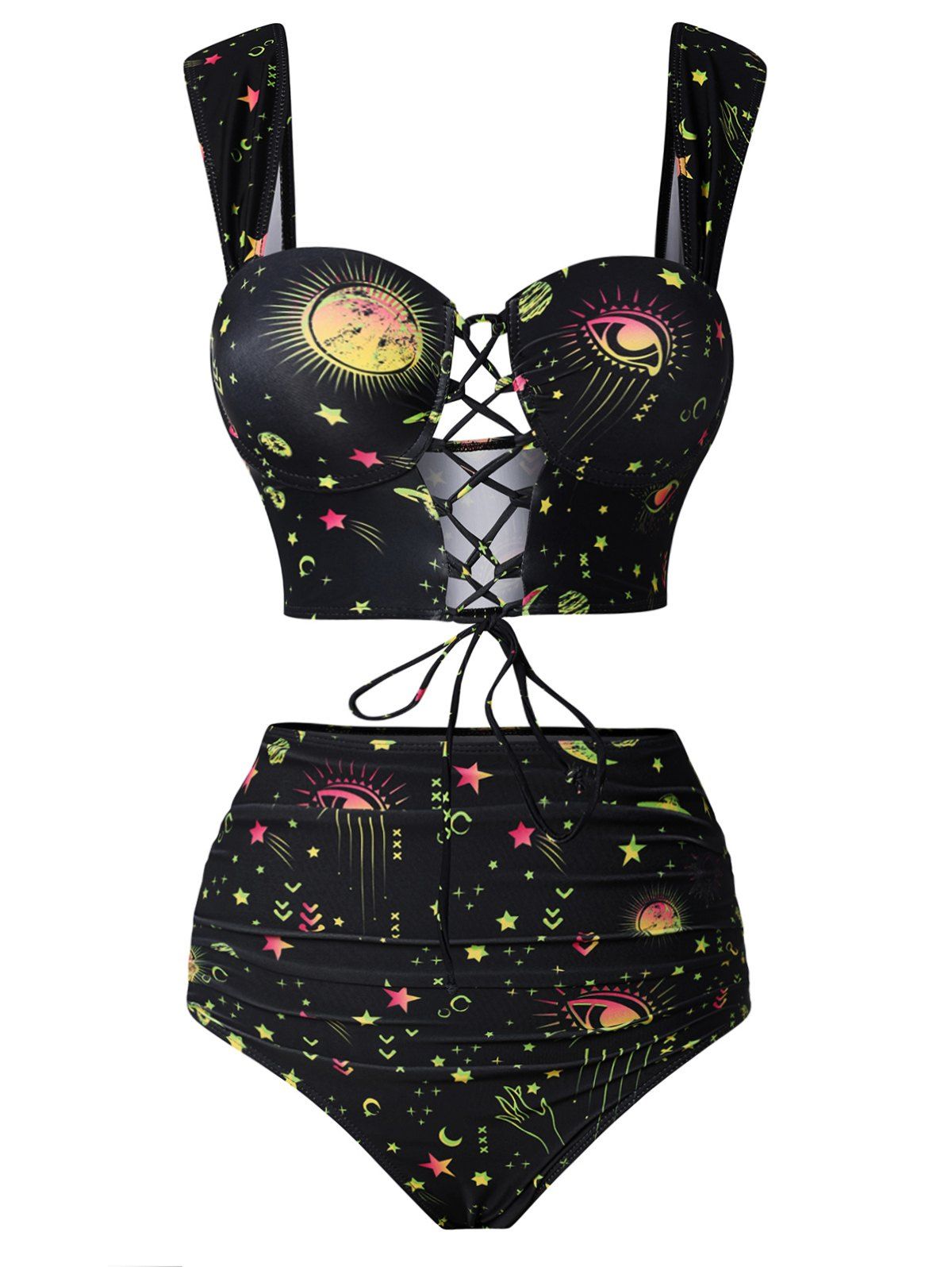 Vintage Swimsuit Sun Moon Print Lace Up Underwire Tanknini Swimwear - YELLOW L