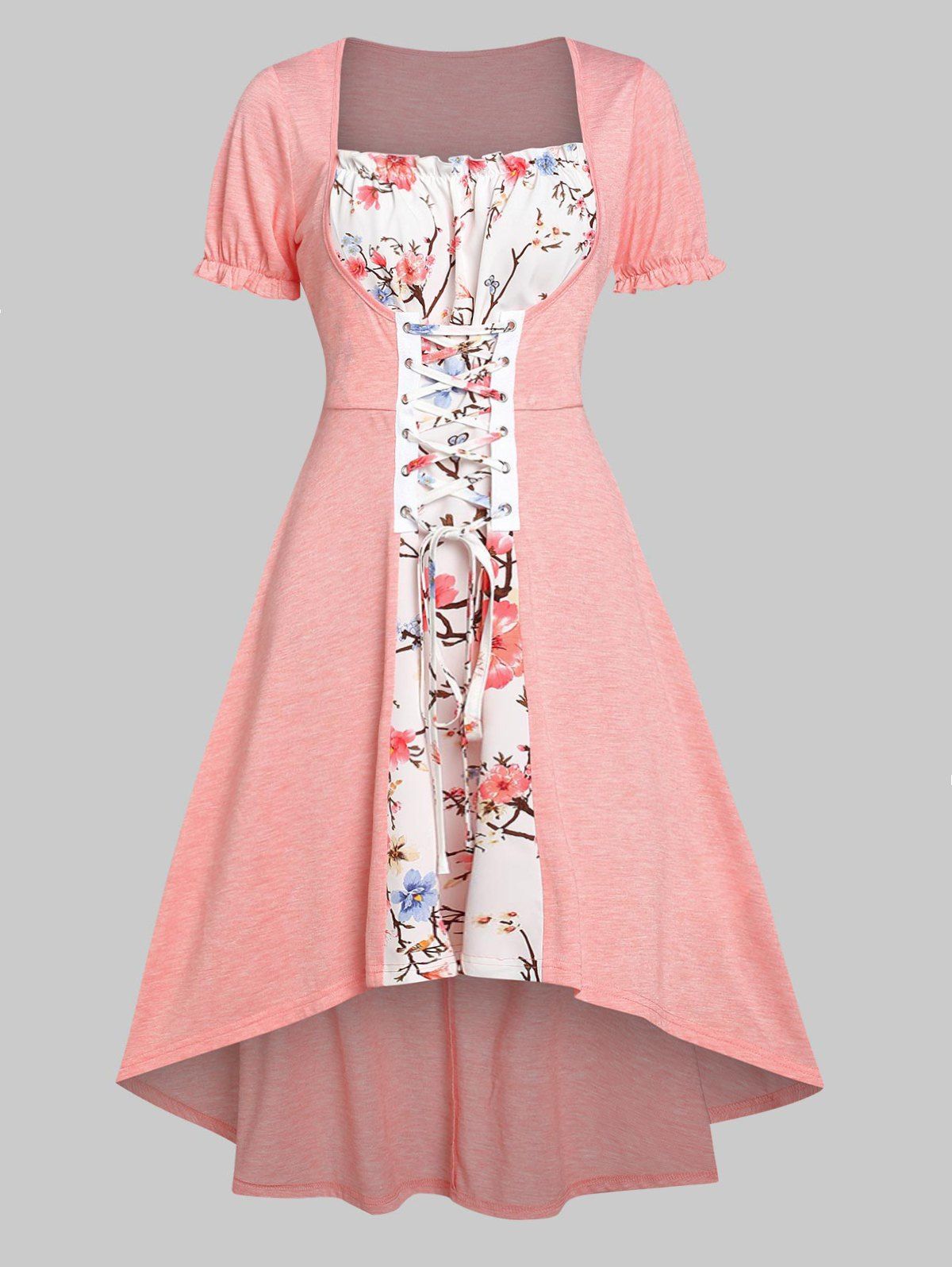 Floral Print Cottagecore Faux Twinset Dress Lace Up High Low Dress Ruffles Short Sleeve Midi Dress - LIGHT PINK M