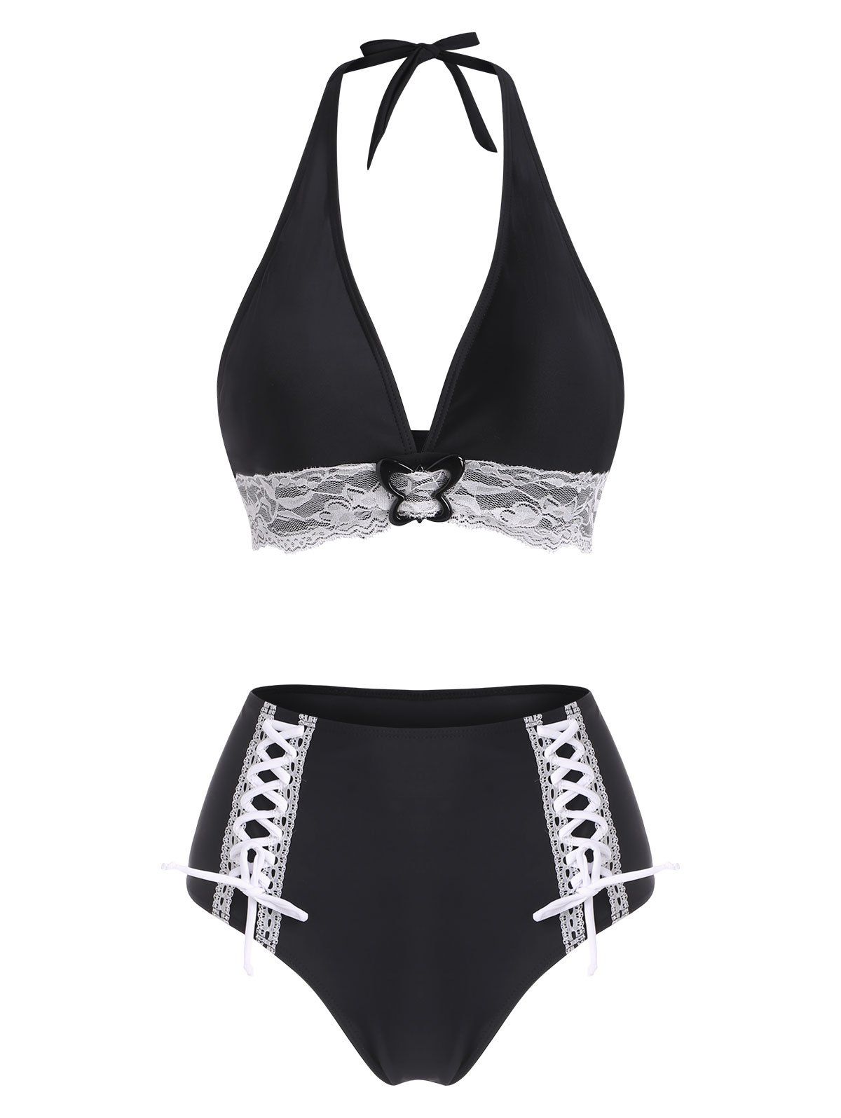 Maillot de Bain Bikini Gothique Panneau en Dentelle à Taille Haute à Lacets - Noir XL
