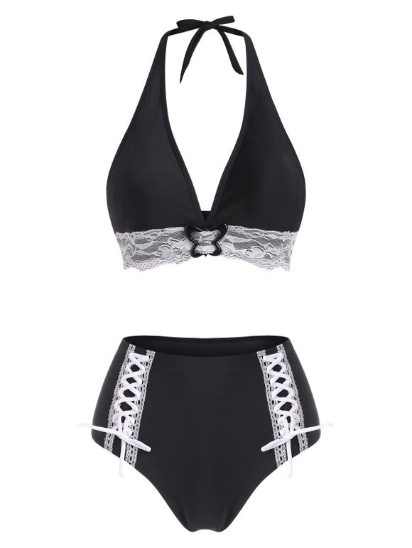 Gothic Bikini Swimsuit Halter Bathing Suit Lace Up Lace Panel Plunge Butterfly Ring High Waisted Swimwear - BLACK XXL