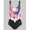Patriotic Tankini Swimsuit American Flag Skull Print Swimwear Padded Mock Button Gothic Beach Bathing Suit - BLACK XXXL