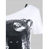 Ensemble de T-shirt Gothique à Imprimé Chat Crâne et de Top à Bretelle Deux Pièces - Blanc S