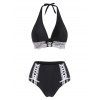 Gothic Bikini Swimsuit Halter Bathing Suit Lace Up Lace Panel Plunge Butterfly Ring High Waisted Swimwear - BLACK L