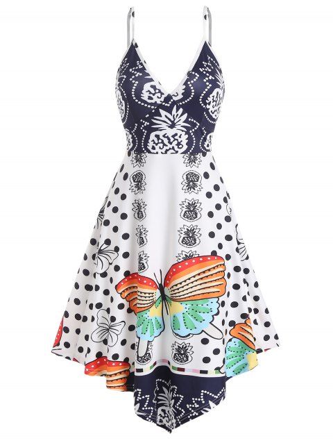 Bohemian Vacation Butterfly Pineapple Polka Dots Plunge Asymmetric Dress