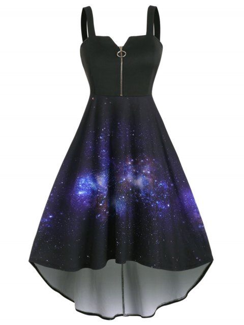 Plus Size Dress High Low Dress Galaxy Print Front Zip Cami Midi Dress