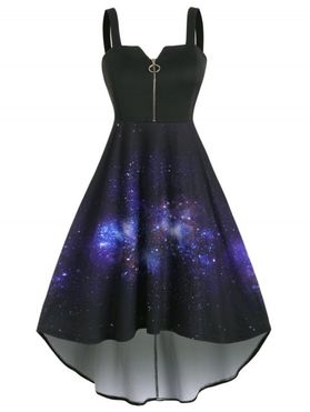 Plus Size High Low Galaxy Print Front Zip Cami A Line Dress