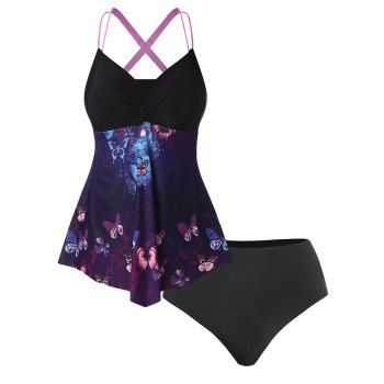 

Plus Size Straps Butterfly Tankini Swimwear, Purple