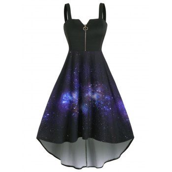 

Plus Size Dress High Low Dress Galaxy Print Front Zip Cami Midi Dress, Black