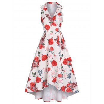 

Summer A Line Midi Dress Wrap Self Belted High Low Allover Rose Print Turn Down Collar V Neck Sleeveless Dress, Multicolor