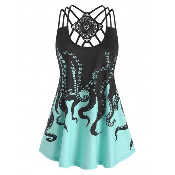 

Plus Size Tank Top Octopus Print Colorblock Flower Lace Strappy Tank Top, Light green
