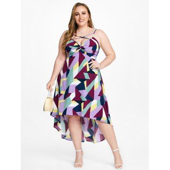 

Plus Size & Curve Backless Criss Cross Geometric Asymmetric Midi Dress, Multicolor