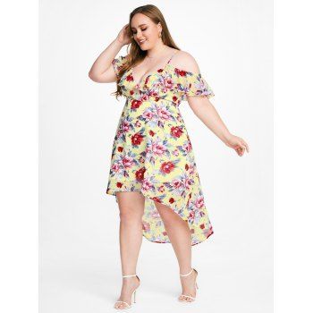 

Plus Size Cold Shoulder Ruffled Floral Print High Low Dress, Light yellow