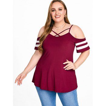 

Plus Size & Curve Cold Shoulder Crisscross Colorblock Tee, Deep red