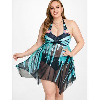 

Plus Size & Curve Padded Sheer Halter Printed Tankini Swimsuit, Multicolor