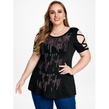 

Crisscross Cold Shoulder Rhinestone Print Plus Size Tee, Black