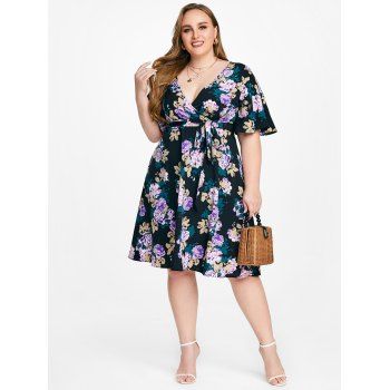 

Flutter Sleeve Floral Print Plus Size Midi Dress, Black