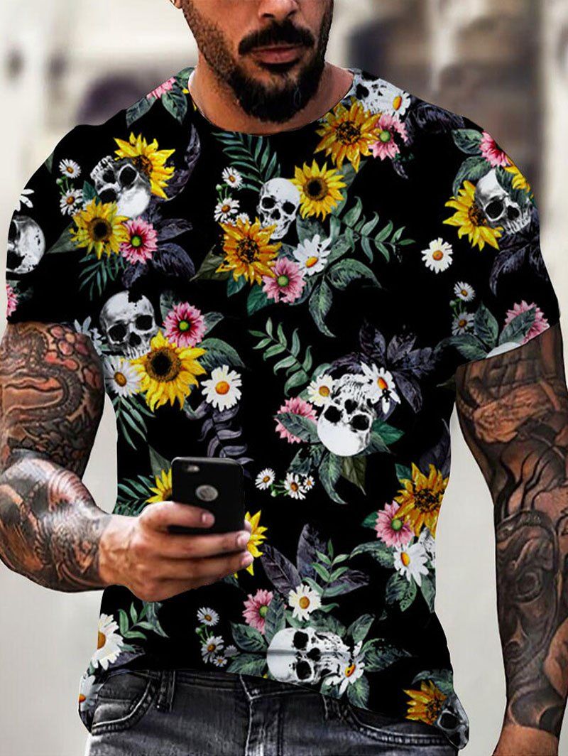 T-shirt Unisexe Gothique à Imprimé Fleur Crâne Partout - multicolor 3XL