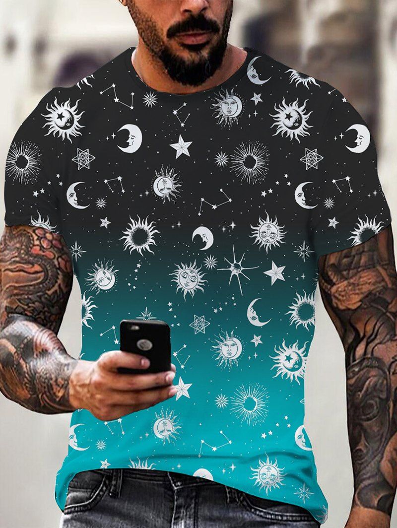 T-shirt Unisexe Ombré à Imprimé Lune Soleil et Galaxie - multicolor 3XL