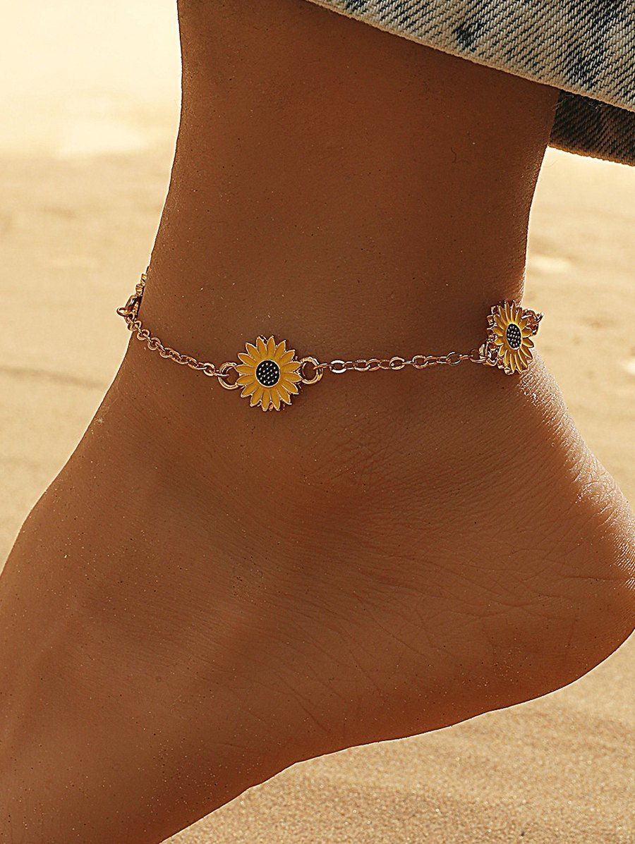 Beach Golden Daisy Floral Pendants Chain Anklet - GOLDEN 