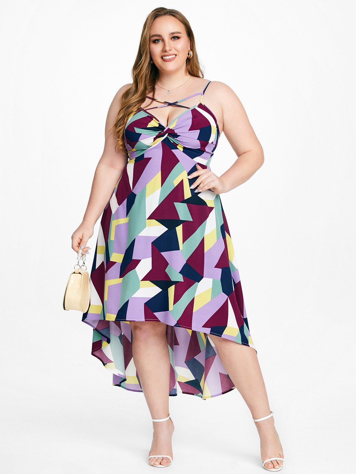 Plus Size & Curve Backless Criss Cross Geometric Asymmetric Midi Dress - multicolor 4X | US 26-28