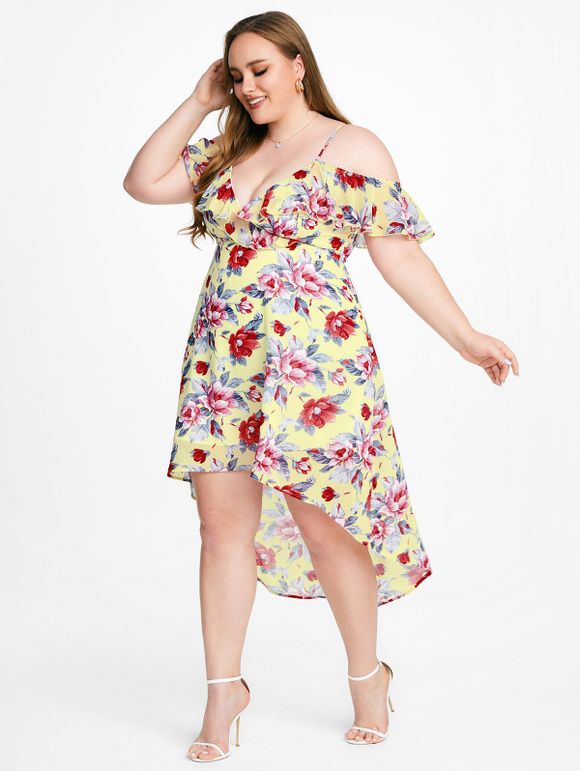 Plus Size Cold Shoulder Ruffled Floral Print High Low Dress - LIGHT YELLOW S | US 8
