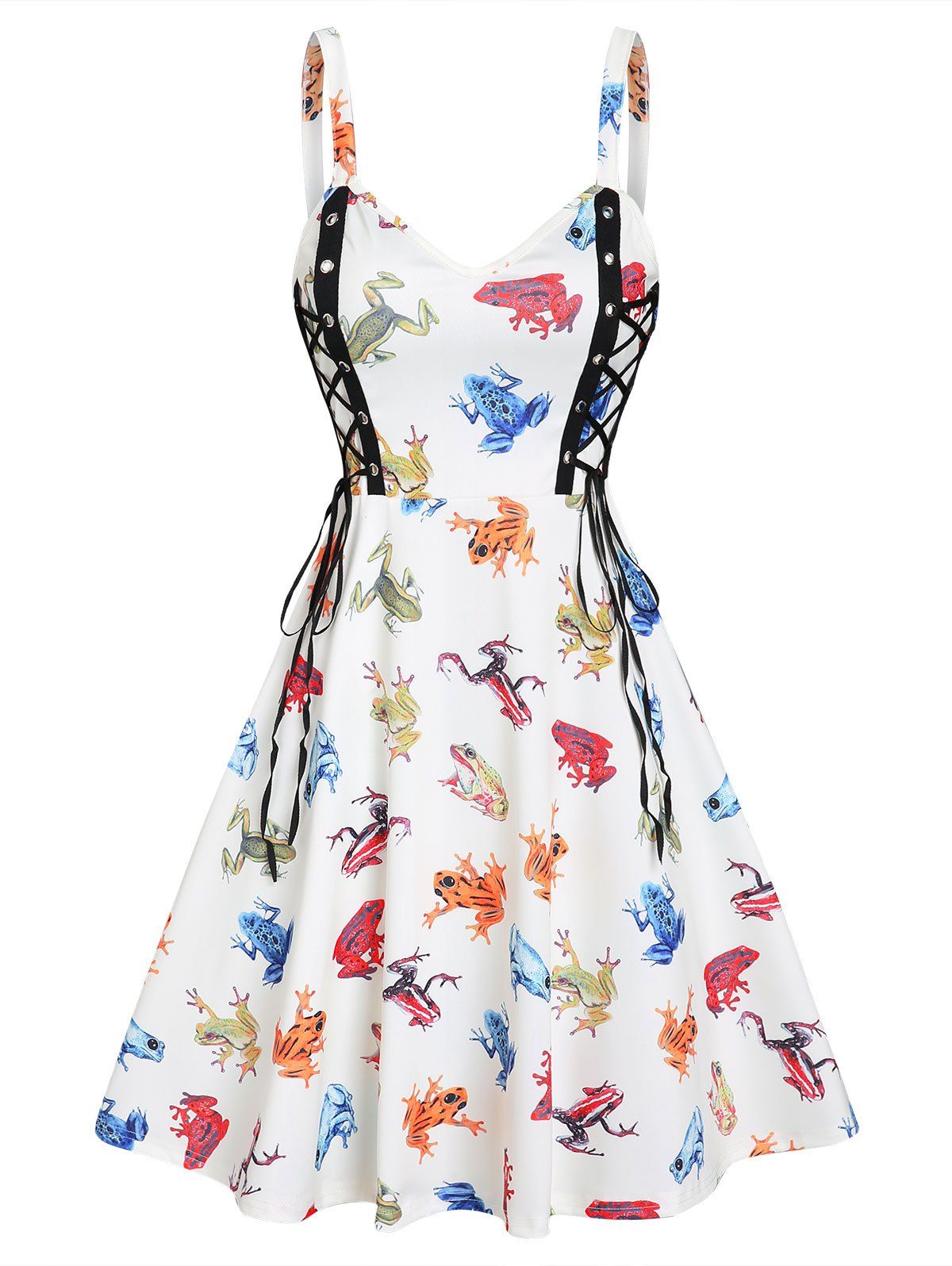 Vacation A Line Mini Sundress Colorful Frogs Print Lace Up Straps High Waist Sleeveless Dress - LIGHT YELLOW M