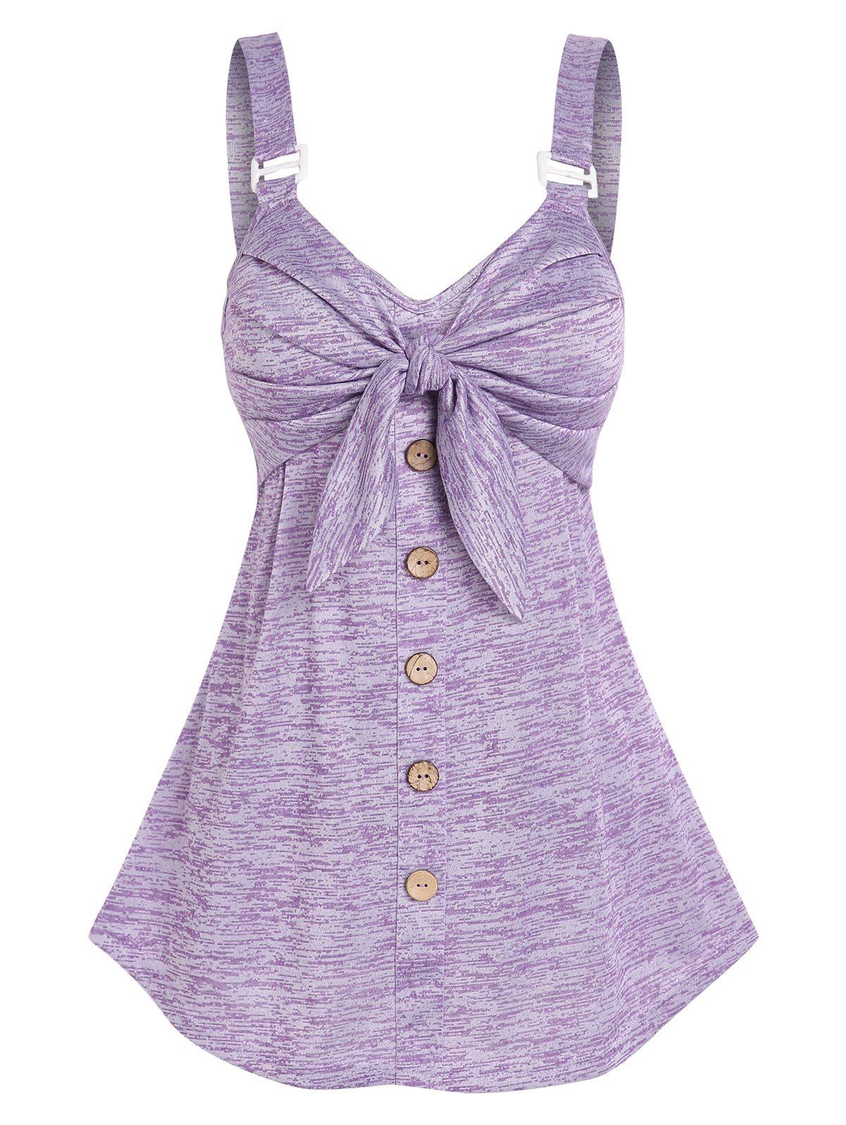 Space Dye Knotted Empire Waist Buttoned Front Skirted Casual Tank Top - PURPLE XXXL