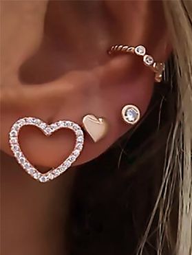 4 Pcs Rhinestone Heart Circle C-shaped Golden Stud Earrings Set