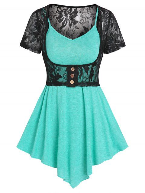 V Neck Skirted Plain Color High Waist Cami Top and Floral Lace Button T Shirt Set