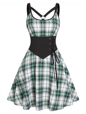 Corset Style Plaid A Line Dress Lace Up O Ring Straps Casual Knee Length Dress