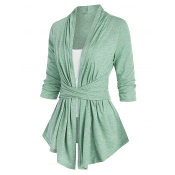 

Shawl Collar Cross Asymmetrical Hem T Shirt with Plain Camisole Set, Light green