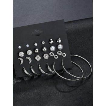 12Pairs Artificial Diamond Moon Heart Stud Earrings Hoop Earrings Set