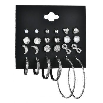 12Pairs Artificial Diamond Moon Heart Stud Earrings Hoop Earrings Set