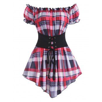 

Plaid Ruffled Off The Shoulder Corset Waist Short Sleeve Pointed Hem Top, Light pink