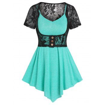 

V Neck Skirted Plain Color High Waist Cami Top and Floral Lace Button T Shirt Set, Light green