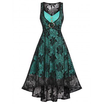 

Mock Button Plain Color Corset Style Cami Dress and Floral Lace O Ring A Line Tank Dress Set, Black