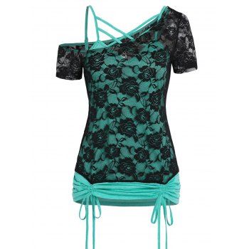 

Summer Contrast Colorblock Crisscross Cami Top and Rose Lace Skew Neck T Shirt Set, Light green