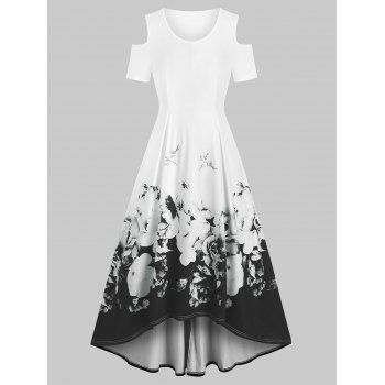 

Plus Size High Low Cold Shoulder Flower Ink Painting Print Dress, Multicolor