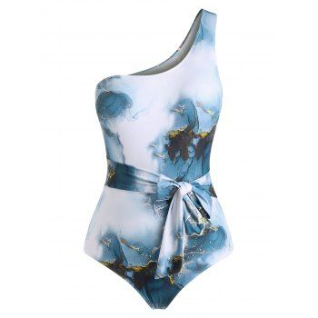 

Plus Size Beach Style Swimwear Marbled Island Print Belted One-piece Swimsuit, Light blue