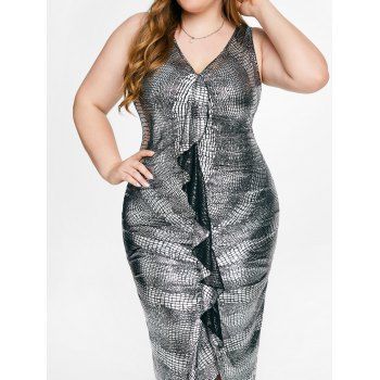 

Plus Size&Curve Metallic Color Ruffled Midi Bodycon Dress, Silver