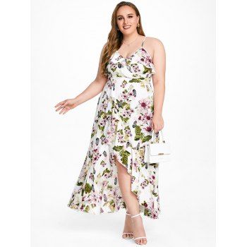 

Plus Size & Curve Floral Flounce High Low Spaghetti Strap Dress, White