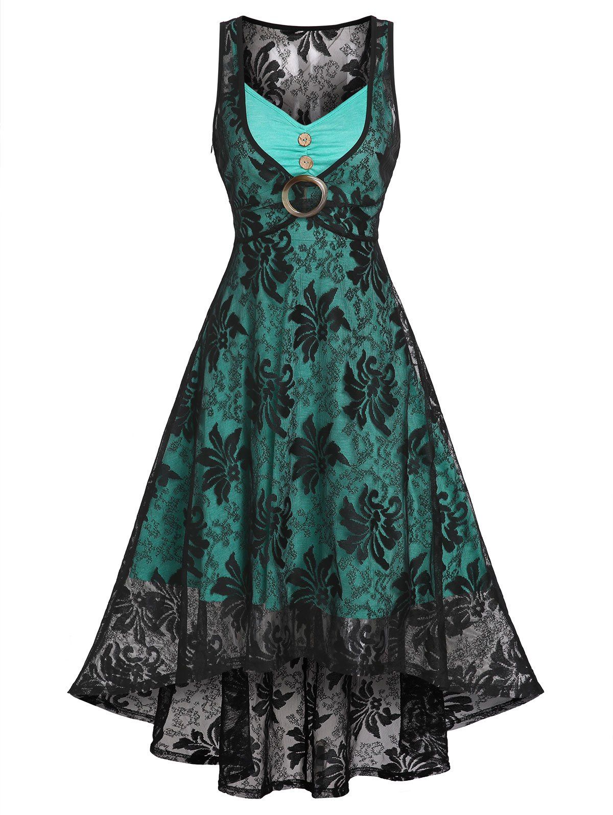 Mock Button Plain Color Corset Style Cami Dress and Floral Lace O Ring A Line Tank Dress Set - BLACK L