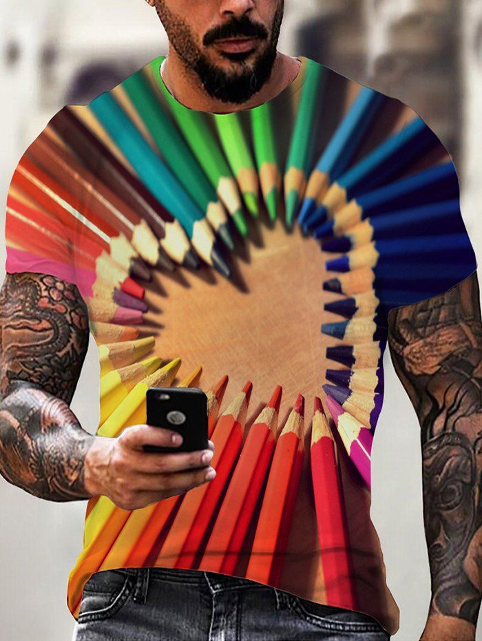 T-shirt d'Eté Décontracté 3D Chiot Coloré à Imprimé Cœur en Blocs de Couleurs - multicolor 3XL
