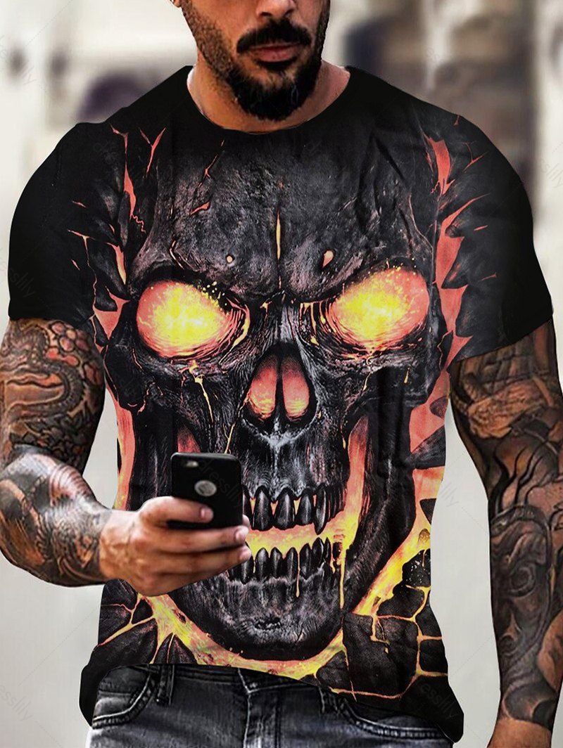 T-shirt D'Eté Décontracté Gothique à Imprimé 3D Crâne en Feu à Manches Courtes - multicolor 2XL
