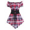 Plaid Ruffled Off The Shoulder Corset Waist Short Sleeve Pointed Hem Top - RED L