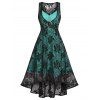 Mock Button Plain Color Corset Style Cami Dress and Floral Lace O Ring A Line Tank Dress Set - BLACK L