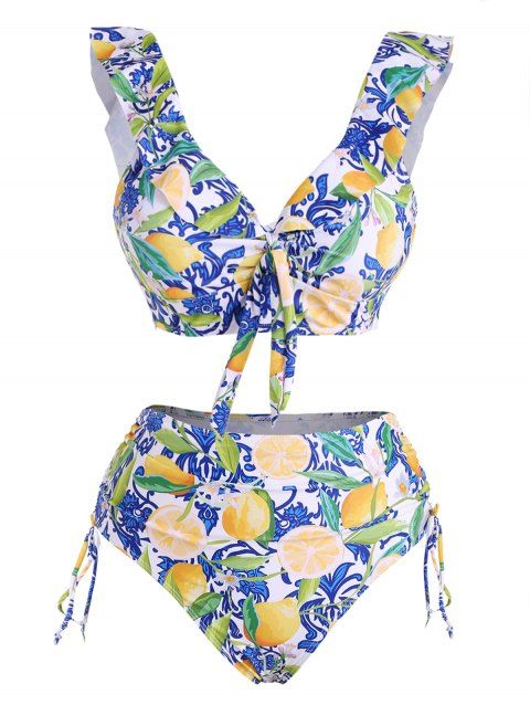 Vacation Swimsuit Lemon Floral Leaf Print Bowknot Ruffle Cinched Tankini Swimwear Set