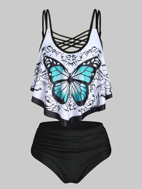 Gothic Tankini Swimsuit Ruffle Butterfly Print Bathing Suit Crisscross Tummy Control Swimwear